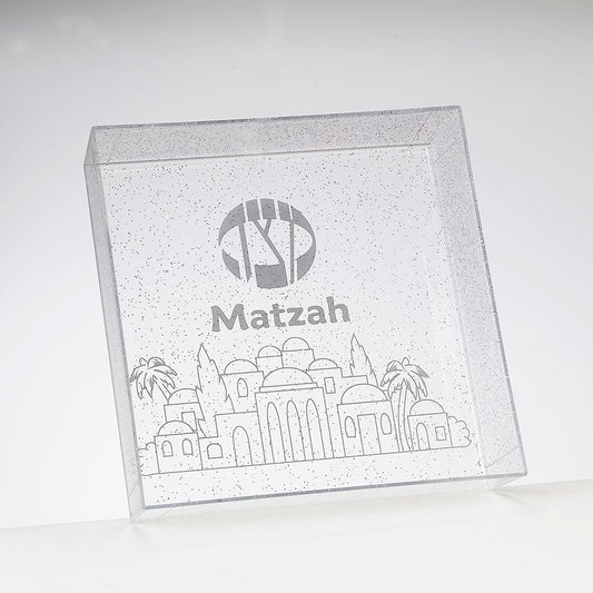 Matzah Tray - Square Clear  With Silver Glitter